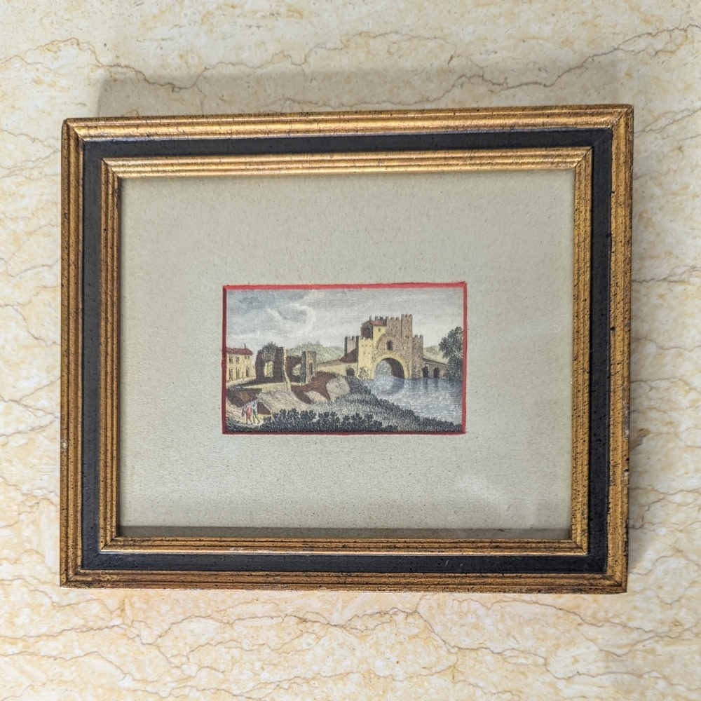 Vintage Scene Of Italy  Framed Art Print 7" x 8" Gold Frame Old World
